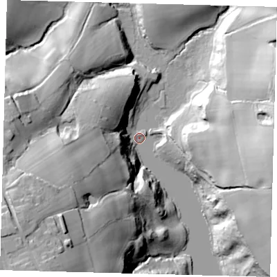Shaded relief map of the ground around RH176QT, computed from Environment Agency LiDAR. The ground here sits at about 54 m above sea level and falls 57 m across the surrounding 800 m. Surface water reaching this point runs off ground lying to the south-west, 57.2 m higher.
