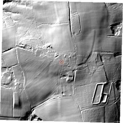 Shaded relief map of the ground around RH176QZ, computed from Environment Agency LiDAR. The ground here sits at about 121 m above sea level and falls 39 m across the surrounding 800 m. Surface water reaching this point runs off ground lying to the east-north-east, 2.9 m higher.