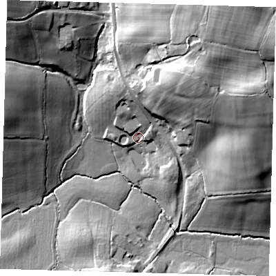 Shaded relief map of the ground around RH177NG, computed from Environment Agency LiDAR. The ground here sits at about 31 m above sea level and falls 30 m across the surrounding 800 m. Surface water reaching this point runs off ground lying to the north, 8.7 m higher.