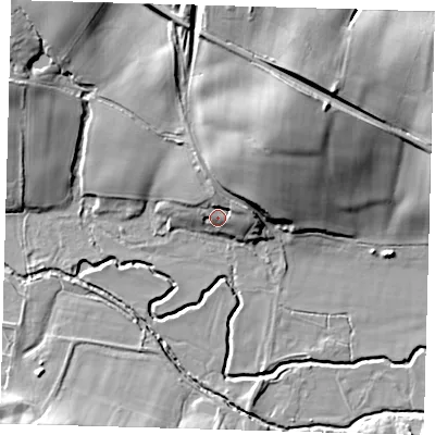 Shaded relief map of the ground around RH177NP, computed from Environment Agency LiDAR. The ground here sits at about 27 m above sea level and falls 23 m across the surrounding 800 m. Surface water reaching this point runs off ground lying to the north, 5.4 m higher.