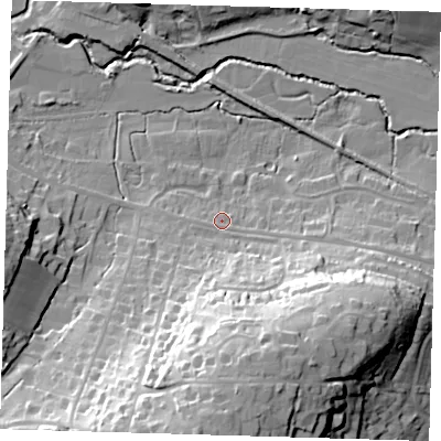 Shaded relief map of the ground around RH185BY, computed from Environment Agency LiDAR. The ground here sits at about 59 m above sea level and falls 37 m across the surrounding 800 m. Surface water reaching this point runs off ground lying to the south, 30.0 m higher.