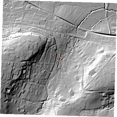 Shaded relief map of the ground around RH185DD, computed from Environment Agency LiDAR. The ground here sits at about 59 m above sea level and falls 35 m across the surrounding 800 m. Surface water reaching this point runs off ground lying to the west-south-west, 30.7 m higher.