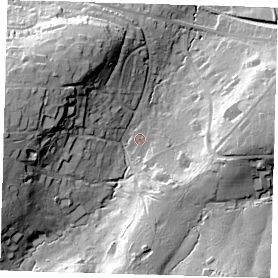 Shaded relief map of the ground around RH185DE, computed from Environment Agency LiDAR. The ground here sits at about 61 m above sea level and falls 36 m across the surrounding 800 m. Surface water reaching this point runs off ground lying to the south-south-east, 8.6 m higher.