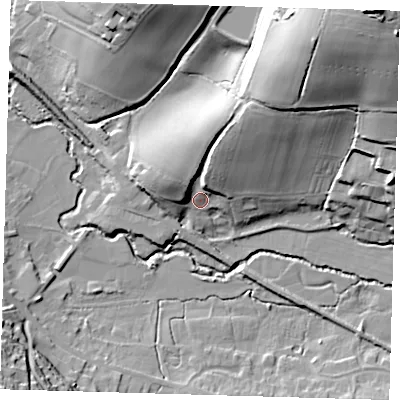 Shaded relief map of the ground around RH185DP, computed from Environment Agency LiDAR. The ground here sits at about 61 m above sea level and falls 45 m across the surrounding 800 m. Surface water reaching this point runs off ground lying to the north-north-east, 16.4 m higher.