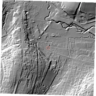 Shaded relief map of the ground around RH185DY, computed from Environment Agency LiDAR. The ground here sits at about 58 m above sea level and falls 36 m across the surrounding 800 m. Surface water reaching this point runs off ground lying to the south-west, 28.8 m higher.