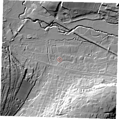 Shaded relief map of the ground around RH185EA, computed from Environment Agency LiDAR. The ground here sits at about 58 m above sea level and falls 34 m across the surrounding 800 m. Surface water reaching this point runs off ground lying to the south-south-east, 2.2 m higher.