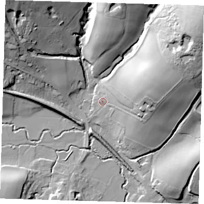 Shaded relief map of the ground around RH185EE, computed from Environment Agency LiDAR. The ground here sits at about 63 m above sea level and falls 43 m across the surrounding 800 m. Surface water reaching this point runs off ground lying to the east-north-east, 24.2 m higher.