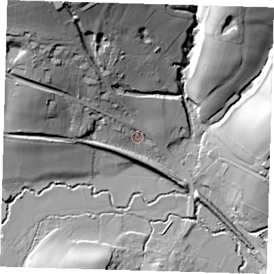 Shaded relief map of the ground around RH185EF, computed from Environment Agency LiDAR. The ground here sits at about 64 m above sea level and falls 54 m across the surrounding 800 m. Surface water reaching this point runs off ground lying to the north-west, 7.4 m higher.
