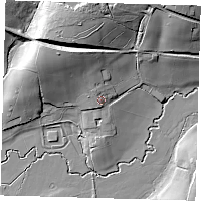 Shaded relief map of the ground around RH185EH, computed from Environment Agency LiDAR. The ground here sits at about 71 m above sea level and falls 36 m across the surrounding 800 m. Surface water reaching this point runs off ground lying to the north-north-west, 3.2 m higher.