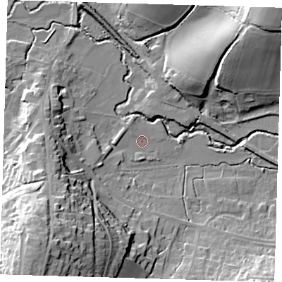 Shaded relief map of the ground around RH185EL, computed from Environment Agency LiDAR. The ground here sits at about 57 m above sea level and falls 35 m across the surrounding 800 m. Surface water reaching this point runs off ground lying to the north-west, 1.2 m higher.