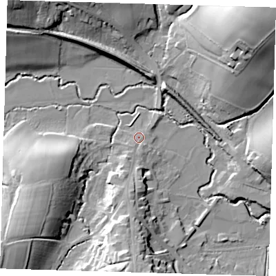 Shaded relief map of the ground around RH185EU, computed from Environment Agency LiDAR. The ground here sits at about 59 m above sea level and falls 32 m across the surrounding 800 m. Surface water reaching this point runs off ground lying to the south-south-west, 5.1 m higher.