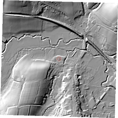 Shaded relief map of the ground around RH185EW, computed from Environment Agency LiDAR. The ground here sits at about 60 m above sea level and falls 29 m across the surrounding 800 m. Surface water reaching this point runs off ground lying to the south-west, 18.0 m higher.