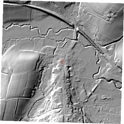 Shaded relief map of the ground around RH185EZ, computed from Environment Agency LiDAR. The ground here sits at about 61 m above sea level and falls 30 m across the surrounding 800 m. Surface water reaching this point runs off ground lying to the south, 10.8 m higher.