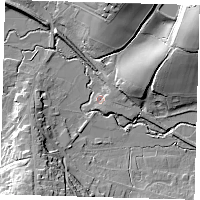 Shaded relief map of the ground around RH185FS, computed from Environment Agency LiDAR. The ground here sits at about 58 m above sea level and falls 34 m across the surrounding 800 m. Surface water reaching this point runs off ground lying to the east-north-east, 4.0 m higher.