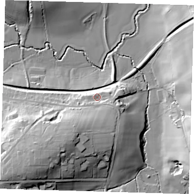 Shaded relief map of the ground around RH185FW, computed from Environment Agency LiDAR. The ground here sits at about 64 m above sea level and falls 30 m across the surrounding 800 m. Surface water reaching this point runs off ground lying to the south-west, 21.0 m higher.