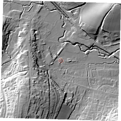 Shaded relief map of the ground around RH185FY, computed from Environment Agency LiDAR. The ground here sits at about 57 m above sea level and falls 36 m across the surrounding 800 m. Surface water reaching this point runs off ground lying to the south-west, 29.8 m higher.