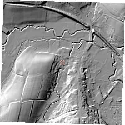 Shaded relief map of the ground around RH185HB, computed from Environment Agency LiDAR. The ground here sits at about 60 m above sea level and falls 28 m across the surrounding 800 m. Surface water reaching this point runs off ground lying to the south, 24.3 m higher.