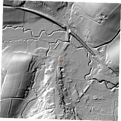 Shaded relief map of the ground around RH185HD, computed from Environment Agency LiDAR. The ground here sits at about 61 m above sea level and falls 31 m across the surrounding 800 m. Surface water reaching this point runs off ground lying to the south-south-west, 11.1 m higher.
