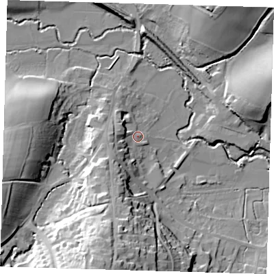 Shaded relief map of the ground around RH185HE, computed from Environment Agency LiDAR. The ground here sits at about 59 m above sea level and falls 33 m across the surrounding 800 m. Surface water reaching this point runs off ground lying to the south-south-west, 17.3 m higher.