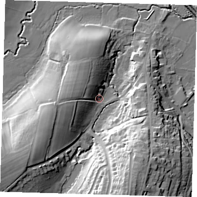 Shaded relief map of the ground around RH185HF, computed from Environment Agency LiDAR. The ground here sits at about 64 m above sea level and falls 33 m across the surrounding 800 m. Surface water reaching this point runs off ground lying to the west, 14.7 m higher.
