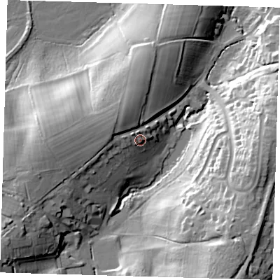 Shaded relief map of the ground around RH185HP, computed from Environment Agency LiDAR. The ground here sits at about 75 m above sea level and falls 33 m across the surrounding 800 m. Surface water reaching this point runs off ground lying to the north-west, 4.8 m higher.