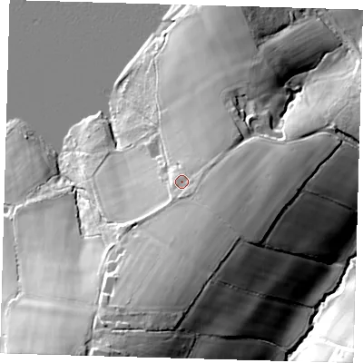 Shaded relief map of the ground around RH185HT, computed from Environment Agency LiDAR. The ground here sits at about 90 m above sea level and falls 46 m across the surrounding 800 m. Surface water reaching this point runs off ground lying to the south-south-east, 5.4 m higher.