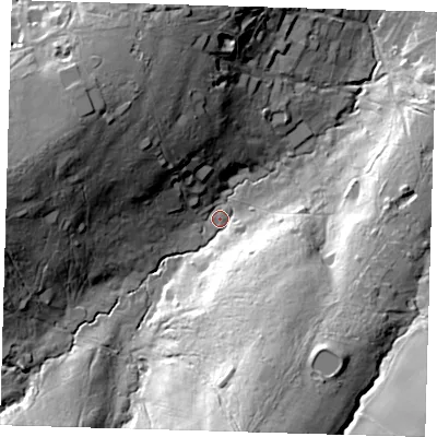 Shaded relief map of the ground around RH185LR, computed from Environment Agency LiDAR. The ground here sits at about 68 m above sea level and falls 46 m across the surrounding 800 m. Surface water reaching this point runs off ground lying to the south, 38.2 m higher.