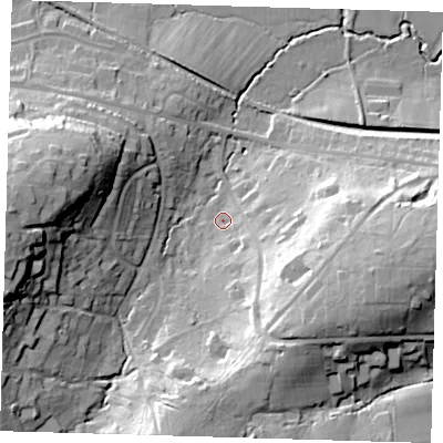 Shaded relief map of the ground around RH185LX, computed from Environment Agency LiDAR. The ground here sits at about 58 m above sea level and falls 32 m across the surrounding 800 m. Surface water reaching this point runs off ground lying to the south-east, 20.6 m higher.