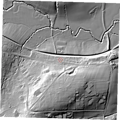 Shaded relief map of the ground around RH185LY, computed from Environment Agency LiDAR. The ground here sits at about 62 m above sea level and falls 30 m across the surrounding 800 m. Surface water reaching this point runs off ground lying to the south, 21.3 m higher.
