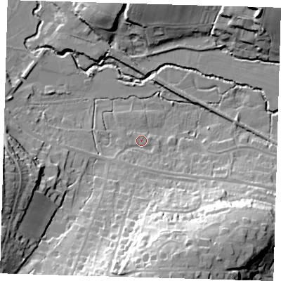Shaded relief map of the ground around RH185NN, computed from Environment Agency LiDAR. The ground here sits at about 58 m above sea level and falls 35 m across the surrounding 800 m. Surface water reaching this point runs off ground lying to the south-south-east, 3.2 m higher.