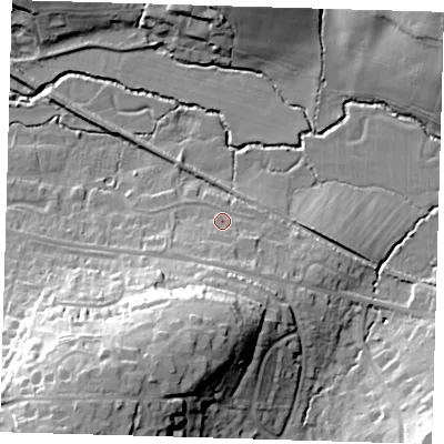 Shaded relief map of the ground around RH185NT, computed from Environment Agency LiDAR. The ground here sits at about 59 m above sea level and falls 36 m across the surrounding 800 m. Surface water reaching this point runs off ground lying to the south, 5.4 m higher.