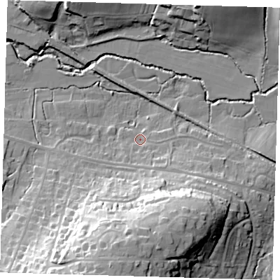 Shaded relief map of the ground around RH185NU, computed from Environment Agency LiDAR. The ground here sits at about 57 m above sea level and falls 35 m across the surrounding 800 m. Surface water reaching this point runs off ground lying to the south-east, 5.7 m higher.