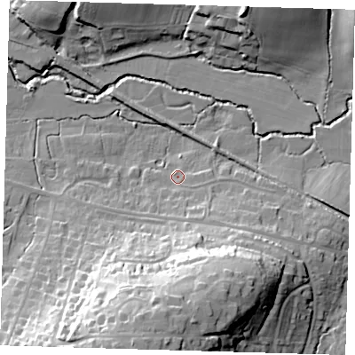 Shaded relief map of the ground around RH185NX, computed from Environment Agency LiDAR. The ground here sits at about 57 m above sea level and falls 35 m across the surrounding 800 m. Surface water reaching this point runs off ground lying to the south-south-east, 5.6 m higher.