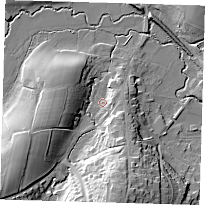 Shaded relief map of the ground around RH185PA, computed from Environment Agency LiDAR. The ground here sits at about 62 m above sea level and falls 32 m across the surrounding 800 m. Surface water reaching this point runs off ground lying to the south-east, 10.7 m higher.