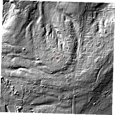 Shaded relief map of the ground around RH192LD, computed from Environment Agency LiDAR. The ground here sits at about 79 m above sea level and falls 27 m across the surrounding 800 m. Surface water reaching this point runs off ground lying to the south-south-east, 5.2 m higher.