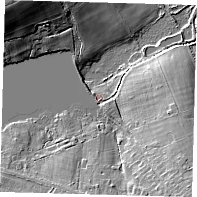 Shaded relief map of the ground around RH192PQ, computed from Environment Agency LiDAR. The ground here sits at about 65 m above sea level and falls 22 m across the surrounding 800 m. Surface water reaching this point runs off ground lying to the south-east, 14.5 m higher.
