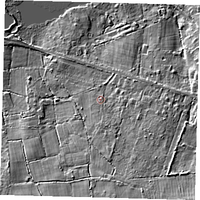Shaded relief map of the ground around RH192QQ, computed from Environment Agency LiDAR. The ground here sits at about 73 m above sea level and falls 18 m across the surrounding 800 m. Surface water reaching this point runs off ground lying to the south-east, 10.5 m higher.