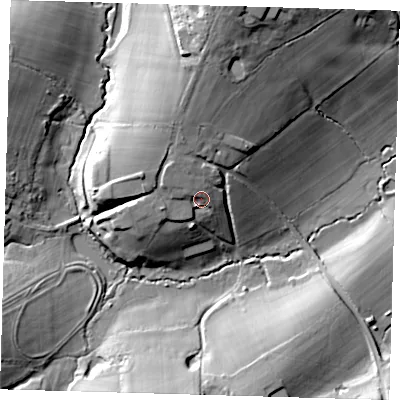 Shaded relief map of the ground around RH193YN, computed from Environment Agency LiDAR. The ground here sits at about 85 m above sea level and falls 30 m across the surrounding 800 m. Surface water reaching this point runs off ground lying to the north-north-west, 6.1 m higher.