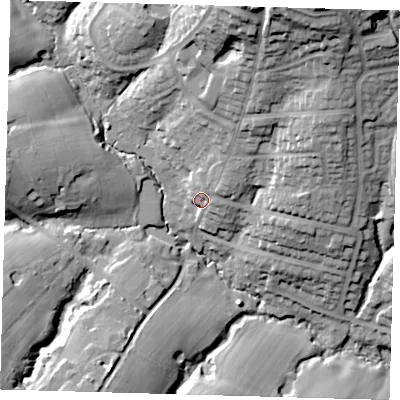 Shaded relief map of the ground around RH194AT, computed from Environment Agency LiDAR. The ground here sits at about 84 m above sea level and falls 45 m across the surrounding 800 m. Surface water reaching this point runs off ground lying to the north-north-east, 35.8 m higher.
