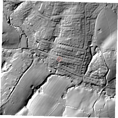 Shaded relief map of the ground around RH194AU, computed from Environment Agency LiDAR. The ground here sits at about 83 m above sea level and falls 35 m across the surrounding 800 m. Surface water reaching this point runs off ground lying to the north-east, 9.9 m higher.