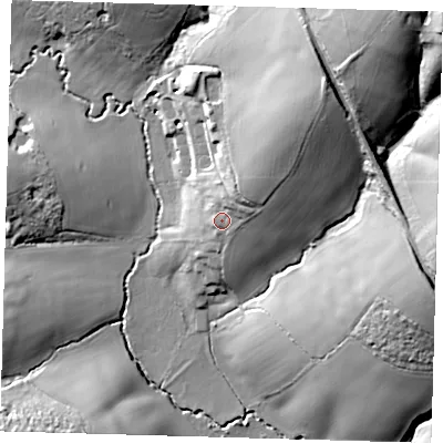 Shaded relief map of the ground around RH194HL, computed from Environment Agency LiDAR. The ground here sits at about 76 m above sea level and falls 36 m across the surrounding 800 m. Surface water reaching this point runs off ground lying to the east-north-east, 4.1 m higher.