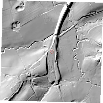 Shaded relief map of the ground around RH194LD, computed from Environment Agency LiDAR. The ground here sits at about 94 m above sea level and falls 45 m across the surrounding 800 m. Surface water reaching this point runs off ground lying to the south-south-west, 11.7 m higher.