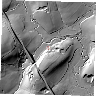 Shaded relief map of the ground around RH194LG, computed from Environment Agency LiDAR. The ground here sits at about 82 m above sea level and falls 39 m across the surrounding 800 m. Surface water reaching this point runs off ground lying to the south, 17.3 m higher.