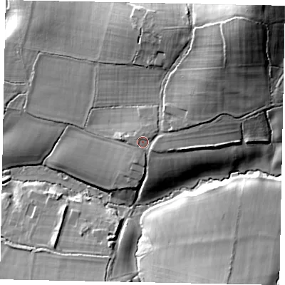 Shaded relief map of the ground around RH201BT, computed from Environment Agency LiDAR. The ground here sits at about 14 m above sea level and falls 32 m across the surrounding 800 m. Surface water reaching this point runs off ground lying to the east-north-east, 3.1 m higher.