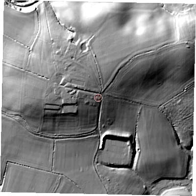 Shaded relief map of the ground around RH201DF, computed from Environment Agency LiDAR. The ground here sits at about 25 m above sea level and falls 27 m across the surrounding 800 m. Surface water reaching this point runs off ground lying to the west-north-west, 4.5 m higher.