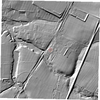 Shaded relief map of the ground around RH201DJ, computed from Environment Agency LiDAR. The ground here sits at about 17 m above sea level and falls 18 m across the surrounding 800 m. Surface water reaching this point runs off ground lying to the east, 5.6 m higher.