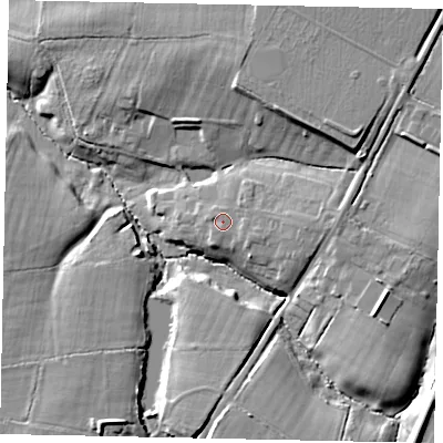 Shaded relief map of the ground around RH201DL, computed from Environment Agency LiDAR. The ground here sits at about 16 m above sea level and falls 14 m across the surrounding 800 m. Surface water reaching this point runs off ground lying to the east, 1.3 m higher.