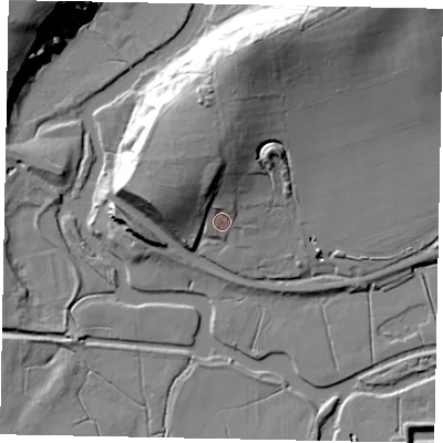 Shaded relief map of the ground around RH201DS, computed from Environment Agency LiDAR. The ground here sits at about 10 m above sea level and falls 34 m across the surrounding 800 m. Surface water reaching this point runs off ground lying to the north-north-west, 13.2 m higher.