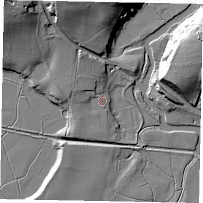 Shaded relief map of the ground around RH201EA, computed from Environment Agency LiDAR. The ground here sits at about 6 m above sea level and falls 30 m across the surrounding 800 m. Surface water reaching this point runs off ground lying to the west-north-west, 4.5 m higher.