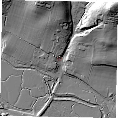 Shaded relief map of the ground around RH201EN, computed from Environment Agency LiDAR. The ground here sits at about 8 m above sea level and falls 50 m across the surrounding 800 m. Surface water reaching this point runs off ground lying to the north, 23.4 m higher.